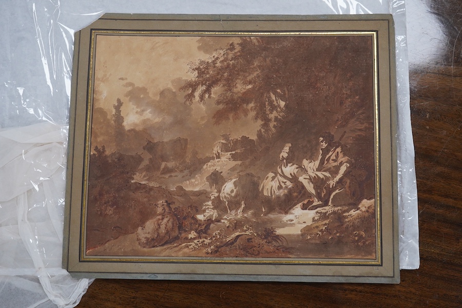 Old Master style, sepia, ink and wash, Shepherd and sheep, indistinctly signed and dated 1768, mounted, 33 x 41cm, unframed. Condition - fair to good